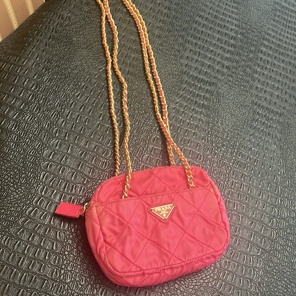 Prada Bag Pink Nylon - Barbie Color with Gold Long Double Chain Straps - Picture 15 of 17
